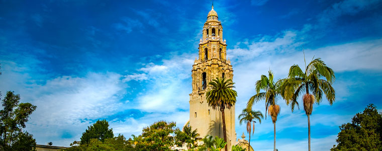 bell tower balboa park at sunrise