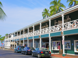 View of historic buildings in Lahaina, a former missionary town and capital of Hawaii before Honolulu and a center of the global whaling industry on the island of Maui.