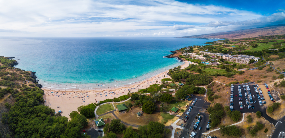 Aerial panorama of the Hapuna Beach State Park. West coast of the Big Island, Hawaii