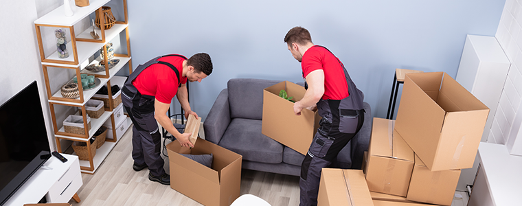 Two Young Movers In Uniform Picking And Putting Products In The Cardboard Boxes