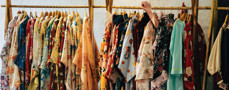 Clothing rack full of Hawaiian shirts