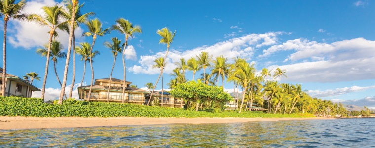 Vacation cottages on the beach with palms, Maui, Hawaii.