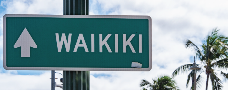 waikiki_sign_featured Waikiki direction signs in Honolulu, Oahu Island, Hawaii.